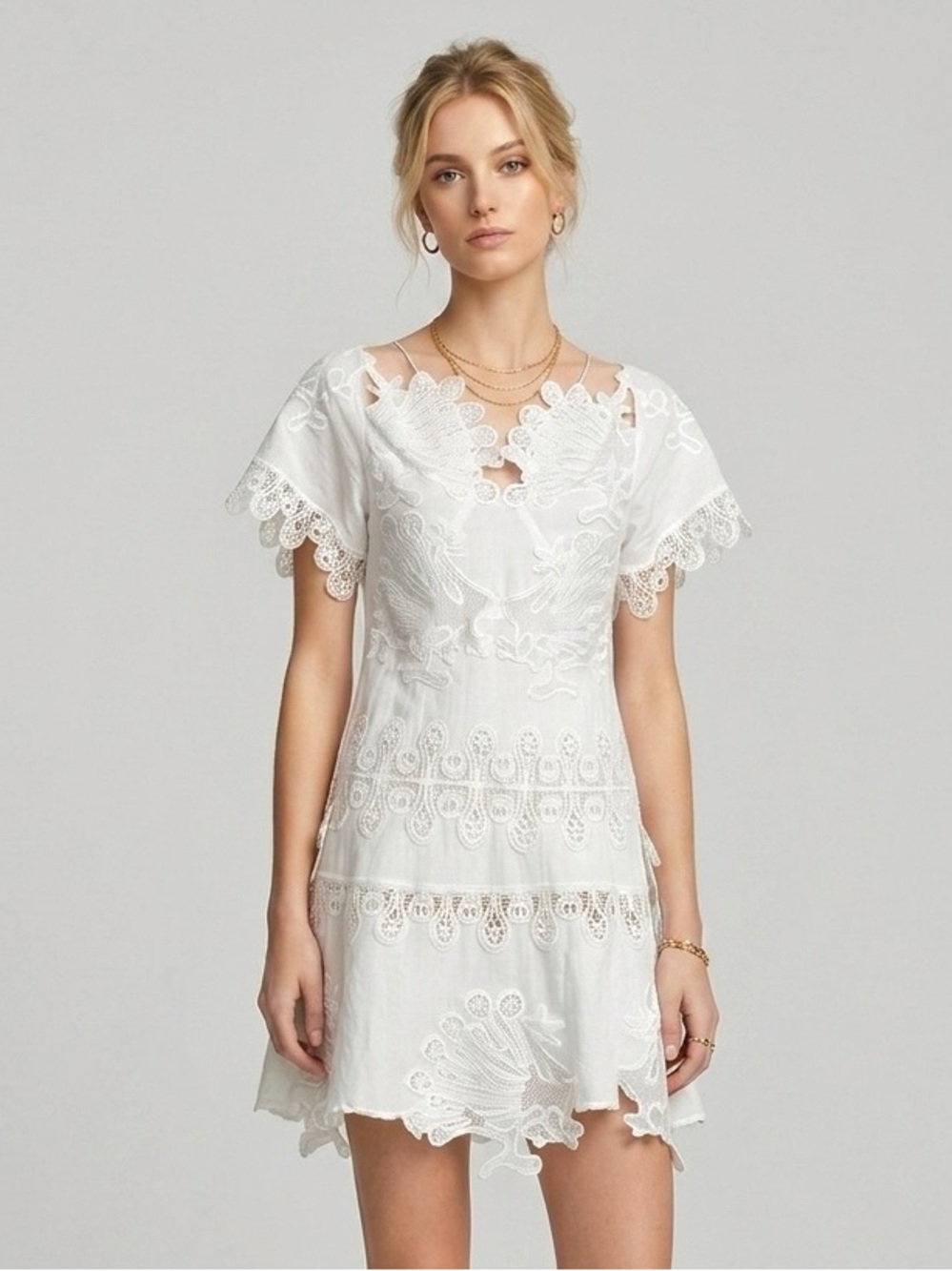 White Embroidered Mini Dress - Delicate Lace Detail